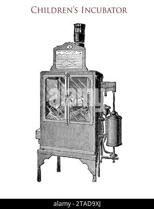 Gesundheitswesen und Medizin 19. Jahrhundert, Kinderinkubator mit schlafendem Frühgeborenen im Inneren Stockfoto