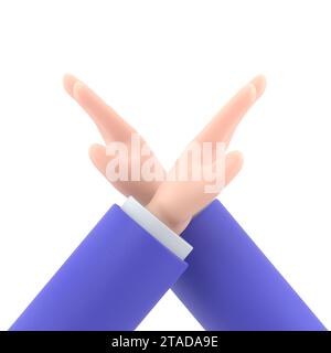 Geste gekreuzte Hände. Armkreuzende Abstoßungsausdrücke. Negatives Symbol. Stoppschild. Nein sagen Verteidigung oder Einschränkung. Flache 3D-Illustration. Stockfoto