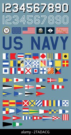 US Navy signalisiert Flaggen, offizielle Flaggen, Zahlen und Symbole, Vektorillustration Stock Vektor