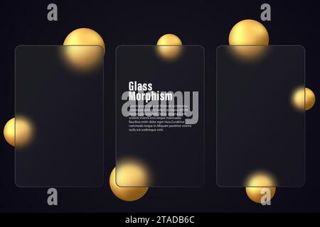 Der Glasmorphismus-Effekt. Satz vertikaler Glasbanner mit goldenen Farbverlaufskugeln auf schwarzem Hintergrund. Realistischer Glasmorphismus des matten Plexiglases Stock Vektor