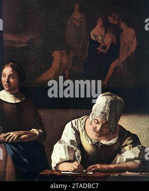 Die Dame schreibt einen Brief mit ihrer Magd (Detail) um 1670 von Johannes Vermeer Stockfoto