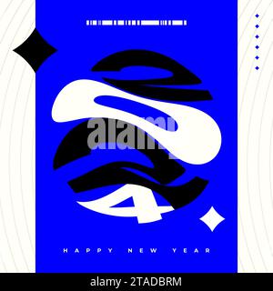 Happy New Year 2024 Design für Poster, Banner, Titelvorlage und Karte mit welligem Typografiekonzept. Modernes, Trendiges Kunstwerk Stock Vektor