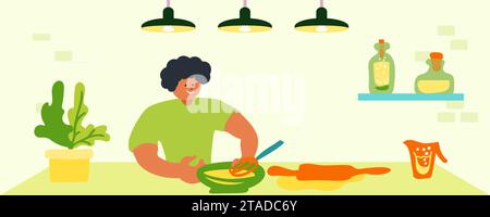 Der Koch bereitet die Füllung für den Teig vor. Zubereitung von Desserts und Gebäck. Küche, grünes Interieur. Mann, Koch, Gewürze, Geschirr, Süßigkeiten, Soße. Konzept für gesunde Ernährung. Vektorabbildung. Stock Vektor