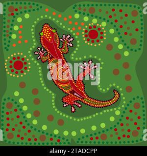 Eidechse im australischen Aborigine-Stil. Australische indigene Kunst grüner Hintergrund mit Punkten. Dekorative ethnische Gecko-Eidechse. Indigene Kunst der Aborigines. Stock Vektor