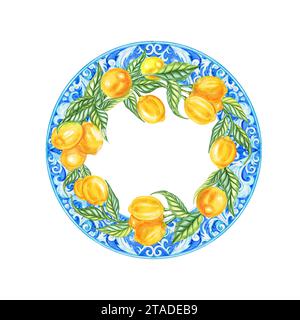 Zitronen in Aquarellen und rundes Kranzgestell aus sizilianischer Majolika. Handgezeichnete Karte mit Keramikfliesen im italienischen Stil. Design für Einladung und Congrat Stockfoto