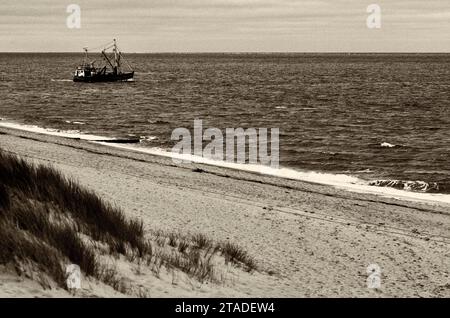 Fischerboot vor einer Düne, Sandstrand, Schwarz-weiß-Foto, Vintage, Retro, gelb, Nordseeinsel Sylt, Nordfriesland Stockfoto