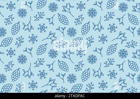 Winter, weihnachten nahtloses Muster mit Schneeflocken, Mistel und Beerenzweigen, Tannenzapfen und anderen floralen Elementen - Vektorillustration Stock Vektor