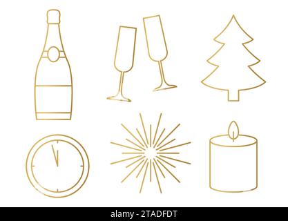 Set mit goldenen Silvestersymbolen: Champagnerflasche und Gläser, weihnachtsbaum, Uhr, Feuerwerk und Kerzenvektorillustration Stock Vektor