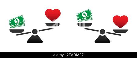 Herz und Geld auf der Waage. Wahlkonzept: Liebe oder Geld. Illustration des flachen Vektors Stock Vektor