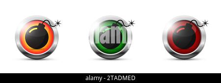 Bombensymbole auf runden farbigen, glänzenden Tasten. Illustration des flachen Vektors Stock Vektor