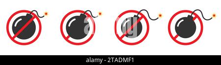 Kein Bombenverbot. Symbol für das Verbot von Bomben. Kein Sprengstoffschild. Illustration des flachen Vektors Stock Vektor