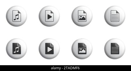 Satz von Symbolen für verschiedene Dateitypen. Zum Beispiel: Multimedia-, Text-, Audio- und Bilddatei. Vektorabbildung Stock Vektor