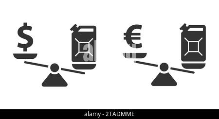 Benzinkanister und Geldzeichen auf Waage Symbol. Kraftstoffkrisenkonzept. Illustration des flachen Vektors Stock Vektor