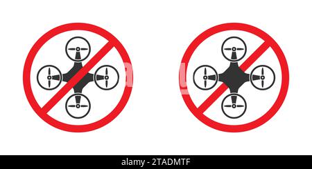 Quadrocopter verboten Symbol. Keine Drohnen-Zone-Zeichen. Symbol für verbotenes Starten des Copters. Illustration des flachen Vektors. Stock Vektor