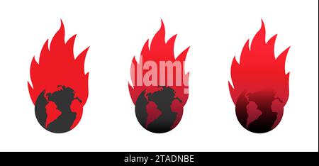 Die Welt brennt. Fire Planet Logo. Symbol für die brennende Welt der Erde. Armageddon-Konzept. Illustration des flachen Vektors. Stock Vektor