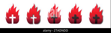 Kreuz auf Feuer. Kirchenlogo. christliches Symbol. Illustration des flachen Vektors. Stock Vektor