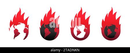 Die Erde brennt. Brennende Welt. Fire Planet Logo. Illustration des flachen Vektors. Stock Vektor