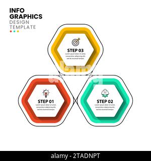 Infografikvorlage mit Symbolen und 3 Optionen oder Schritten.verbundene Hexagons. Kann für Workflow-Layout, Diagramm, Banner und Webdesign verwendet werden. Vektorillustr Stock Vektor