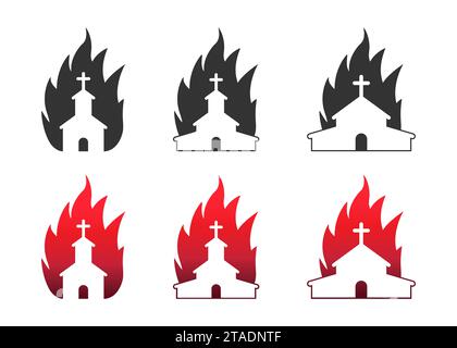 Church on Fire Iconset. Christliche Kirche in Flammen. Illustration des flachen Vektors. Stock Vektor