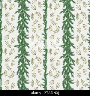 Nahtloses Aquarellmuster mit grünen Tannenzweigen und goldenen stechpalmenblättern. Kiefernzweig handgezeichnet für Geschenkpapier, Winterfeierdekoration, gre Stock Vektor