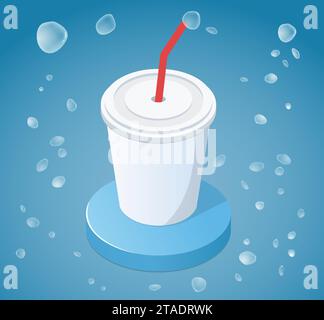 Tasse Limonade. Auf einer Plattform mit rotem Stroh. Um Eis herum, blauer Hintergrund fühlt sich cool an. Kann als Aufkleber, Banner verwendet werden. Vektordarstellung isoliert. Stock Vektor