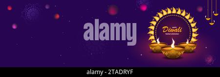 Banner für das Diwali Festival. Lila Töne mit realistisch gezeichneten Öllampen, Feuer und verschiedenen Symbolen. Mit Platz für den Haupttext links. Can Stock Vektor