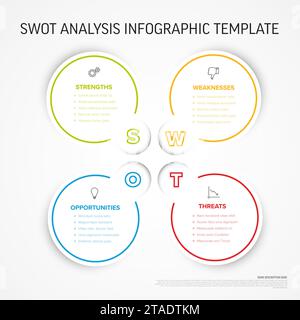 Vektor-SWOT-Diagrammvorlage (Stärken, Schwächen, Chancen, Bedrohungen) aus vier Kreisen. Minimalistische SWOT-Infografik-Vorlage. Swot Stock Vektor