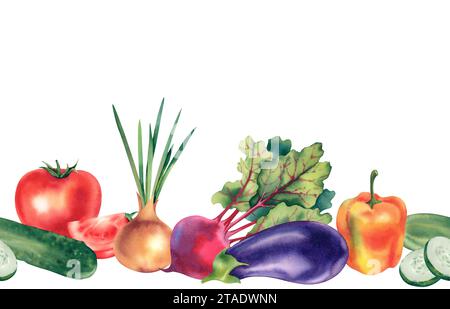 Nahtloser Rand aus Pfeffer, Zwiebeln, Rote Bete, Auberginen, Tomaten und Gurke. Frisches und gesundes Gemüse. Aquarellabbildung. Handzeichnung. Für Stockfoto