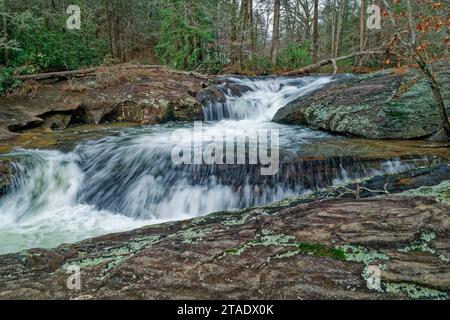 Wasser, das flussabwärts über die Felsbrocken auf dem oberen Teil des Dick's Creek stürzt, fällt an einem bewölkten Tag am Ende des Winters im Norden Georgiens Stockfoto