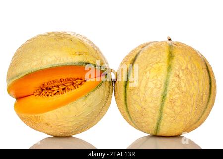 Zwei ganze reife Melonen, Nahaufnahme, isoliert auf weiß. Stockfoto