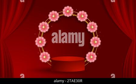 Runde Podiumbühne mit Blumen im chinesischen Kulturstil und roten Vorhängen für Banner oder Poster zum chinesischen Neujahrsfest Stock Vektor