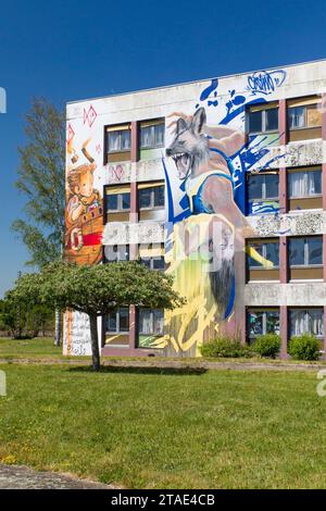 Frankreich, Allier, Lurcy-Lévis, Street Art City, dieses ehemalige Ausbildungszentrum für France Telecom ist zu einer künstlerischen Residenz geworden, die sich der städtischen Bildkunst, dem Werk von Costwo, widmet Stockfoto