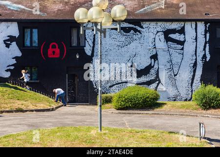 Frankreich, Allier, Lurcy-Lévis, Street Art City, dieses ehemalige Ausbildungszentrum für France Telecom ist zu einer künstlerischen Residenz geworden, die sich der städtischen Bildkunst, Schablonenarbeiten und Bomben von Ted Nomad widmet Stockfoto