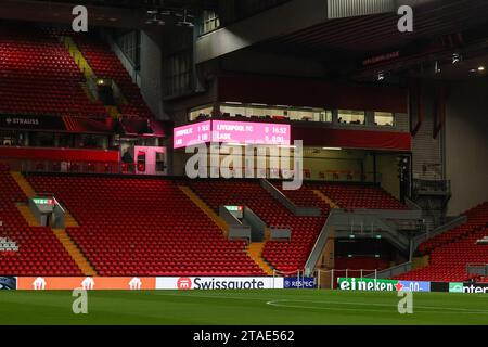 Liverpool, Großbritannien. November 2023 30. Eine allgemeine Ansicht der Anzeigetafel in Anfield, Heimstadion Liverpool vor dem UEFA Europa League-Spiel Liverpool gegen LASK in Anfield, Liverpool, Vereinigtes Königreich, 30. November 2023 (Foto: Mark Cosgrove/News Images) in Liverpool, Vereinigtes Königreich am 30. November 2023. (Foto: Mark Cosgrove/News Images/SIPA USA) Credit: SIPA USA/Alamy Live News Stockfoto