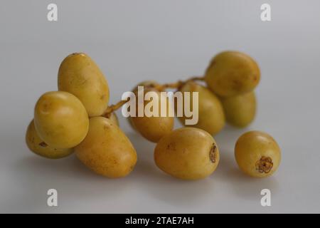 Gelbe Datumsangaben. Lebhafte goldene Datteln, reif und bereit zum Genießen, verkörpern Frische und Süße in einem verführerischen gelben Farbton. Perfekt für h Stockfoto