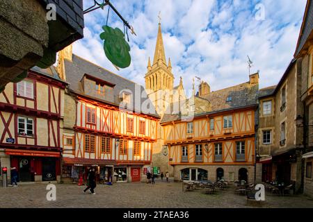 Frankreich, Morbihan, Golf von Morbihan, Vannes, die mittelalterliche Altstadt, Fachwerkhäuser von Henri den vierten Platz und Kathedrale Saint Pierre Stockfoto