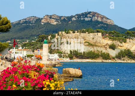 Frankreich, Bouches du Rhone, Cassis, Bestouan Strand, Hafeneingang und das Schloss von Cassis aus dem 13. Jahrhundert überragen den Hafen der Stadt Stockfoto