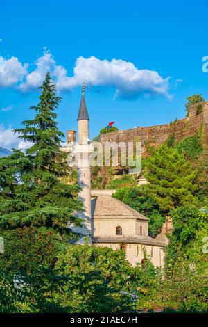 Albanien, Gjirokaster (Gjirokastra), die Altstadt, die zum UNESCO-Weltkulturerbe gehört, Basar-Moschee oder Memi-Bey-Moschee, die während der Osmanischen Zeit 1757 im Alten Basar-Viertel am Fuße der Burg aus dem 13. Jahrhundert erbaut wurde Stockfoto