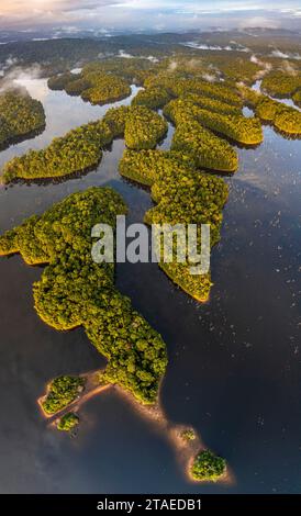 Frankreich, Französisch-Guayana, Sinnamary, Sonnenaufgang über dem Stausee des Petit Saut Damms, hier das ehemalige Camp Saut Tigre (Annamite Strafkolonie), Panoramablick aus der Luft (Luftaufnahme) Stockfoto