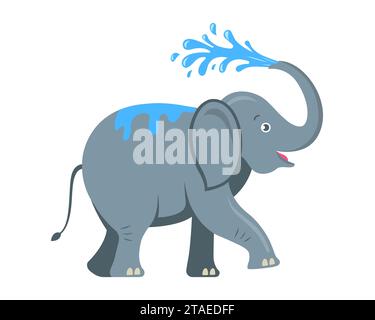 Der Elefant gießt Wasser über sich. Illustration des flachen Vektors Stock Vektor