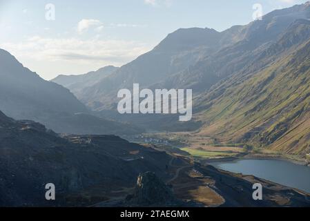 Llanberis Pass vom Dinorwig Quarry im Snowdonia Nationalpark, Gwynedd, Nordwales. Stockfoto