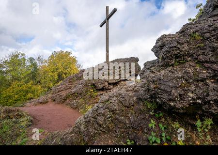 Panoramaaufnahme der Landschaft im Vulkan Eifel, Rheinland-Pfalz, Deutschland Stockfoto