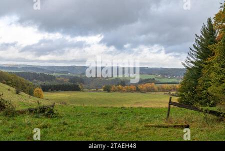 Panoramaaufnahme der Landschaft im Vulkan Eifel, Rheinland-Pfalz, Deutschland Stockfoto