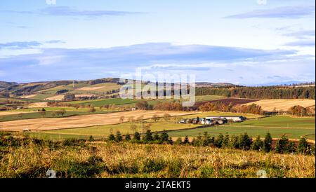 Wunderschöne Wintersonne mit spektakulärem Blick auf die Sidlaw Hills und das Strathmore Valley in der Nähe von Dundee, Schottland Stockfoto