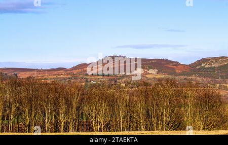 Wunderschöne Wintersonne mit spektakulärem Blick auf die Sidlaw Hills und das Strathmore Valley in der Nähe von Dundee, Schottland Stockfoto