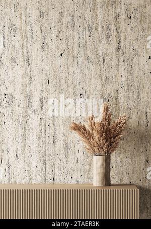 Minimalistische Inneneinrichtung mit strukturierten Wänden und Vase mit getrocknetem Pampasgras, modernem 3D-Putz Stockfoto