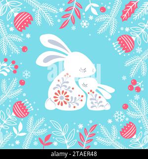 Handgezeichnete Silhouette von Familienkaninchen unter Blumen im skandinavischen Volksstil. Grußkarte mit Geburtstag oder Muttertag. Vektorabbildung von Stock Vektor