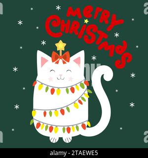 Eine lustige weiße Katze hat sich in eine Weihnachtsbaumgirlande verwickelt. Text Frohe Weihnachten. Für die Gestaltung von Weihnachtskarten, Einladungen, Glückwunsch usw. Stock Vektor