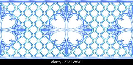 Horizontale nahtlose Keramikfliesen. Italienisches Retro-Muster in blauen Farben. Spanisches Azulejo und sizilianische Majolika-Aquarellgrenze. Stockfoto