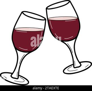 Zwei Rotweingläser. Vektor flach handgezeichnete Illustration, farbig. Alkohol Getränk Glasgeschirr kritzelnd. Stock Vektor